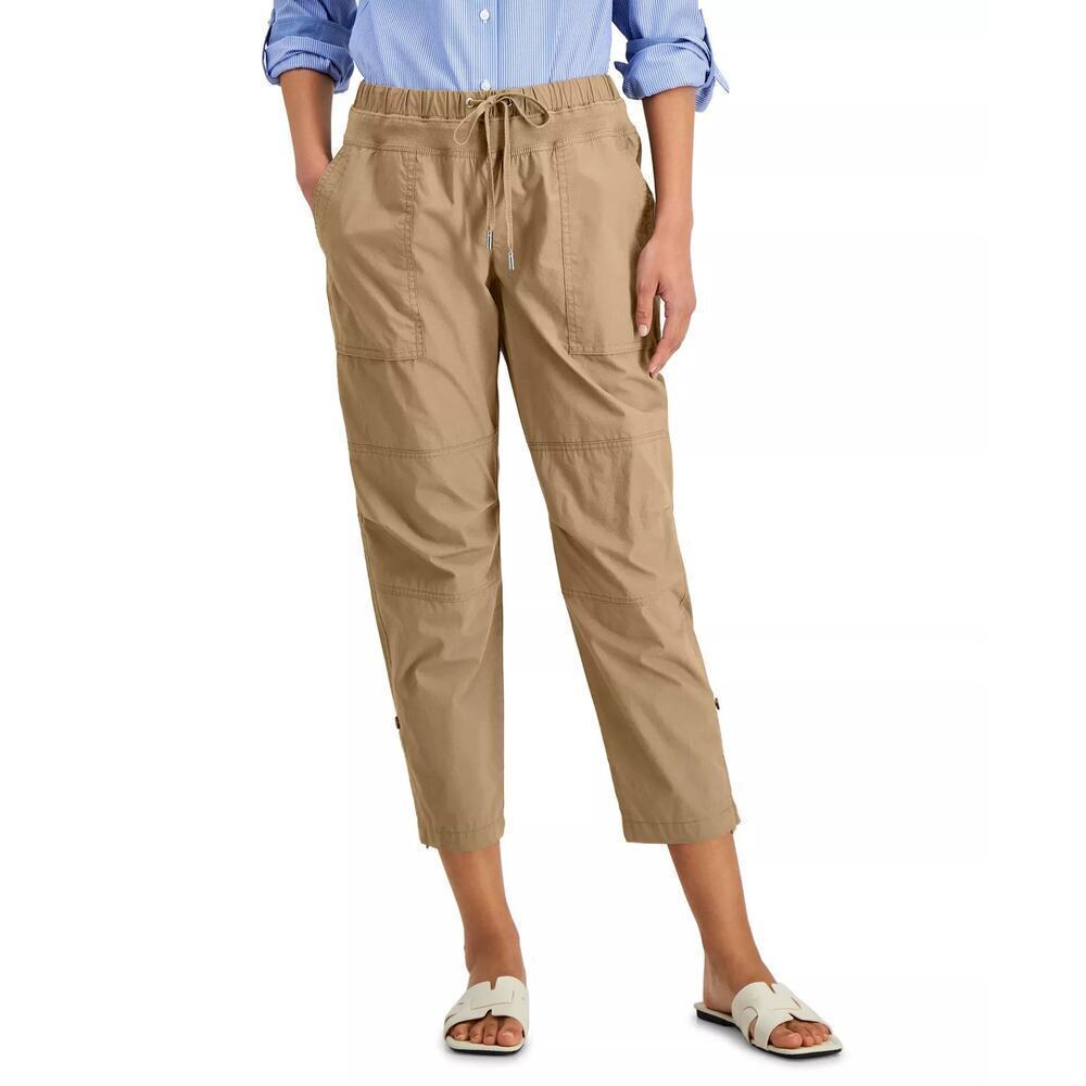 NWT Nautica Women's Cotton Roll-Tab Utility Pants, XXL, Tan, Elastic Waist